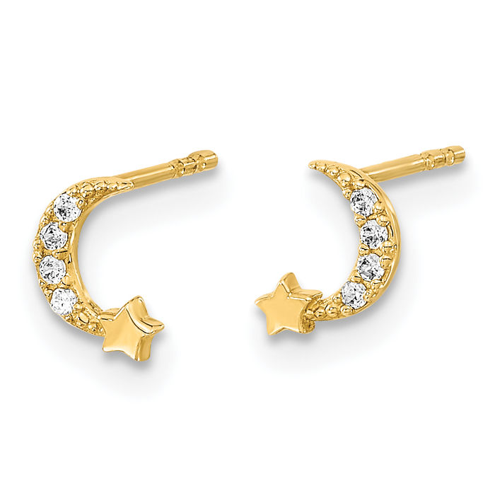 14K Solid Yellow Gold Crescent Moon Star Cubic Zirconia CZ Stud Earrings Celestial Jewelry