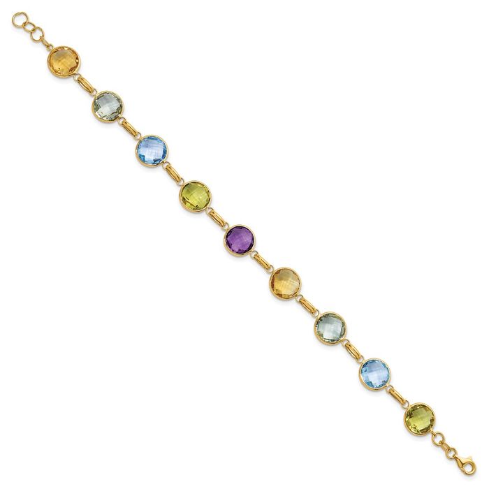 14K Solid Yellow Gold Multi-color Circle Round Gemstone Tennis Bracelet