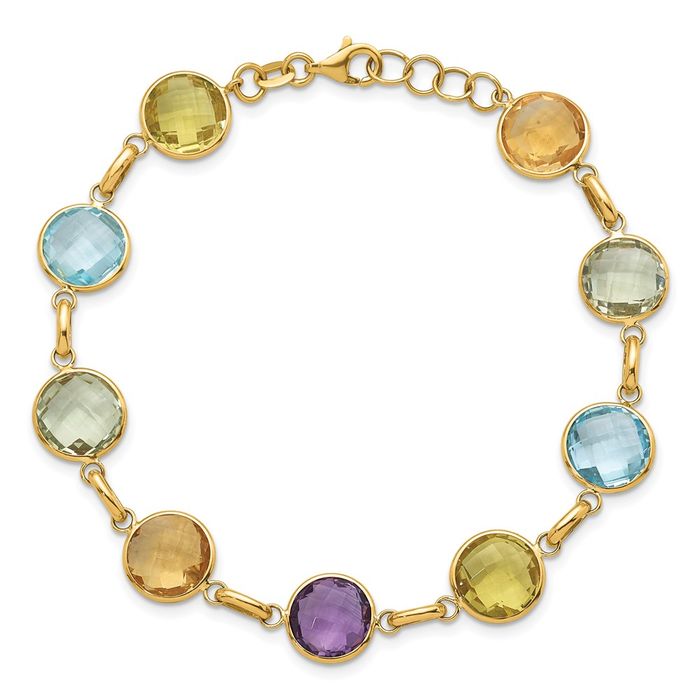 14K Solid Yellow Gold Multi-color Circle Round Gemstone Tennis Bracelet