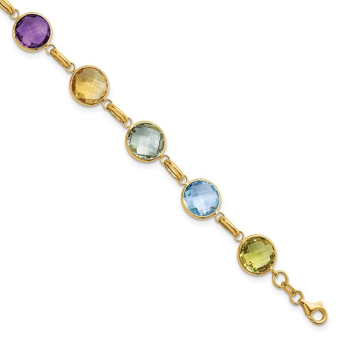 14K Solid Yellow Gold Multi-color Circle Round Gemstone Tennis Bracelet