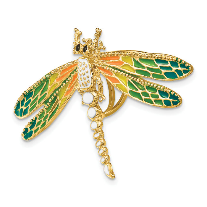 14K Solid Yellow Gold Multi-color Dragonfly Chain Necklace Pendant Charm