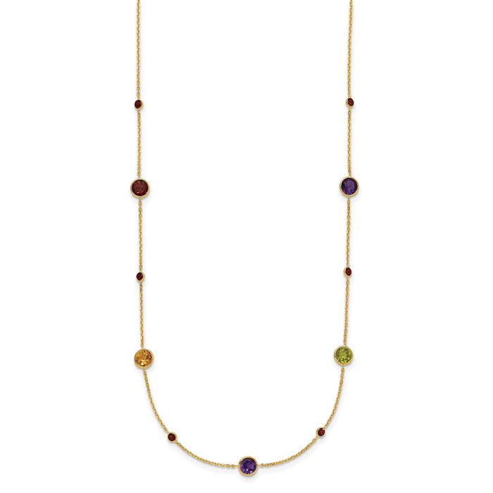 14K Solid Yellow Gold Multi-color Rainbow Gemstone Necklace Chain