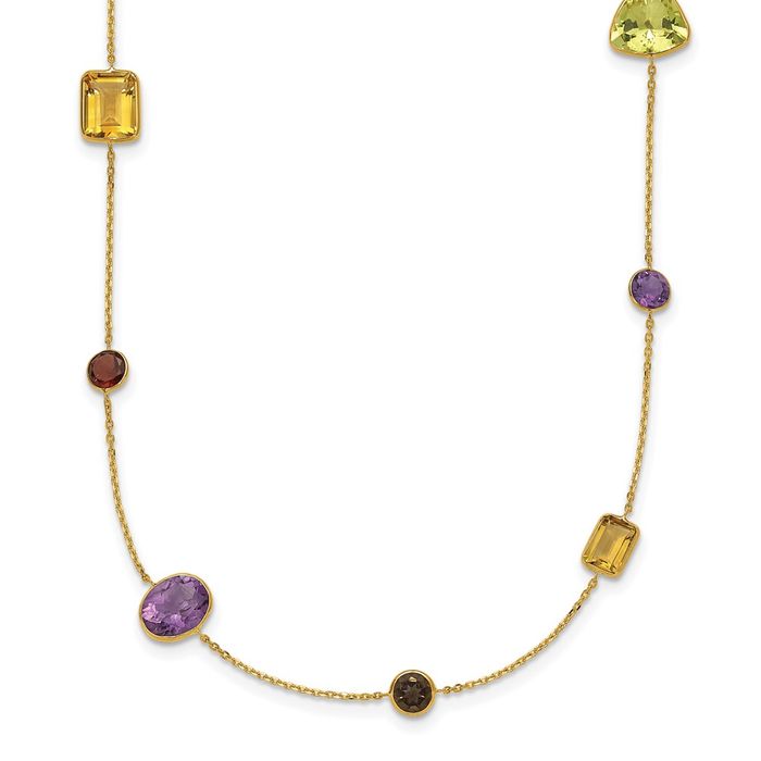 14K Solid Yellow Gold Multi-color Rainbow Gemstone Necklace Chain