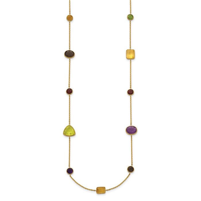 14K Solid Yellow Gold Multi-color Rainbow Gemstone Necklace Chain