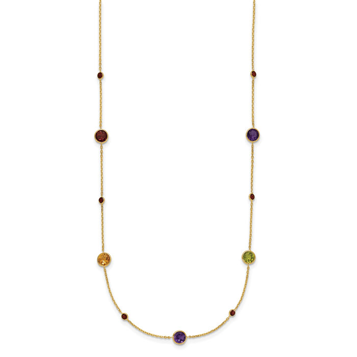 14K Solid Yellow Gold Multi-color Rainbow Gemstone Necklace Chain