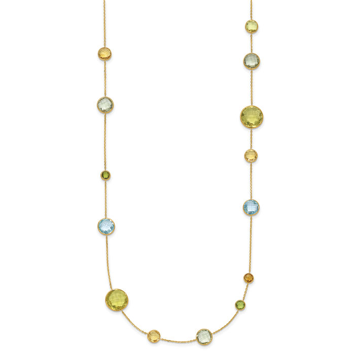 14K Solid Yellow Gold Multi-color Rainbow Gemstone Necklace Chain