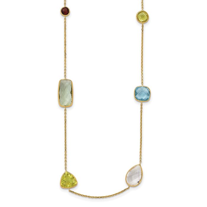 14K Solid Yellow Gold Multi-color Rainbow Gemstone Necklace Chain