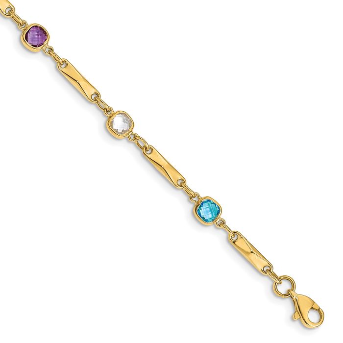 14K Solid Yellow Gold Multi-color Rainbow Gemstone Link Chain Bracelet