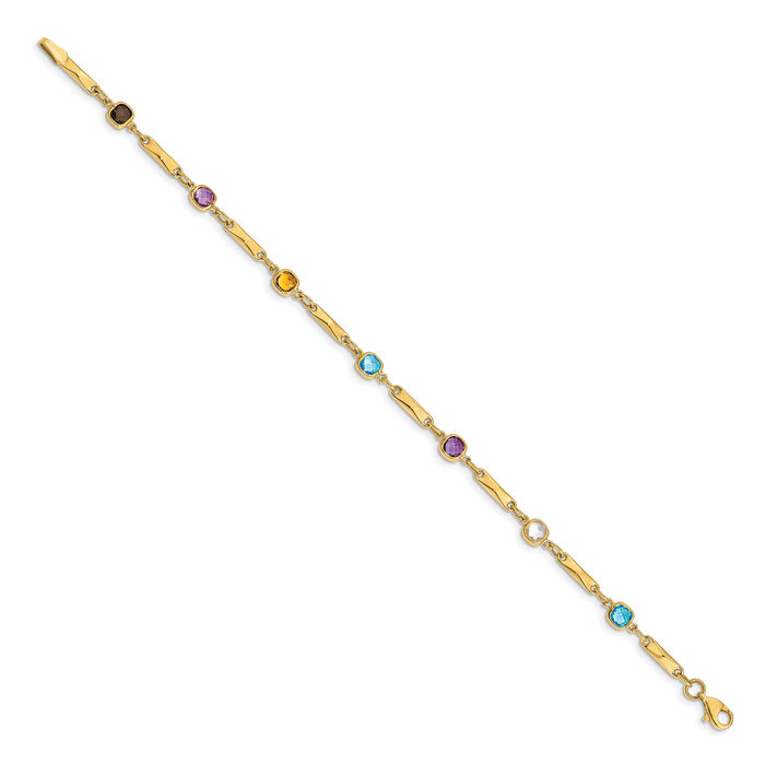 14K Solid Yellow Gold Multi-color Rainbow Gemstone Link Chain Bracelet