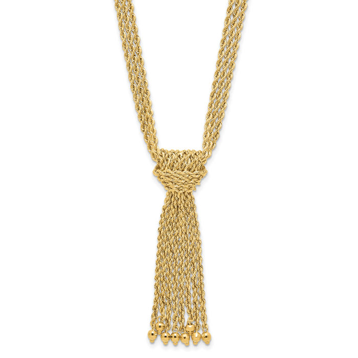 14K Solid Yellow Gold Multi Strand Rope Drop Love Knot Beads Chain Necklace