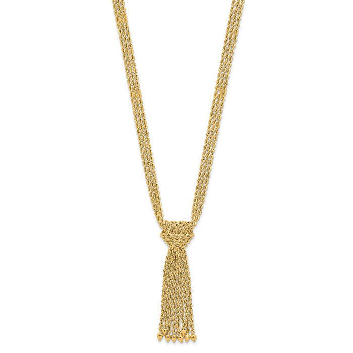 14K Solid Yellow Gold Multi Strand Rope Drop Love Knot Beads Chain Necklace