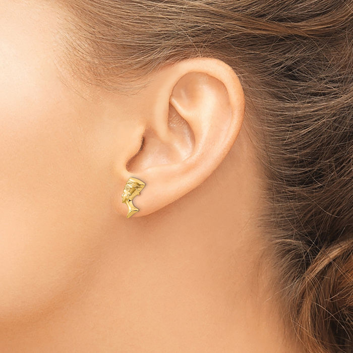 14K Solid Yellow Gold Queen Nefertiti Egyptian Goddess African Stud Earrings