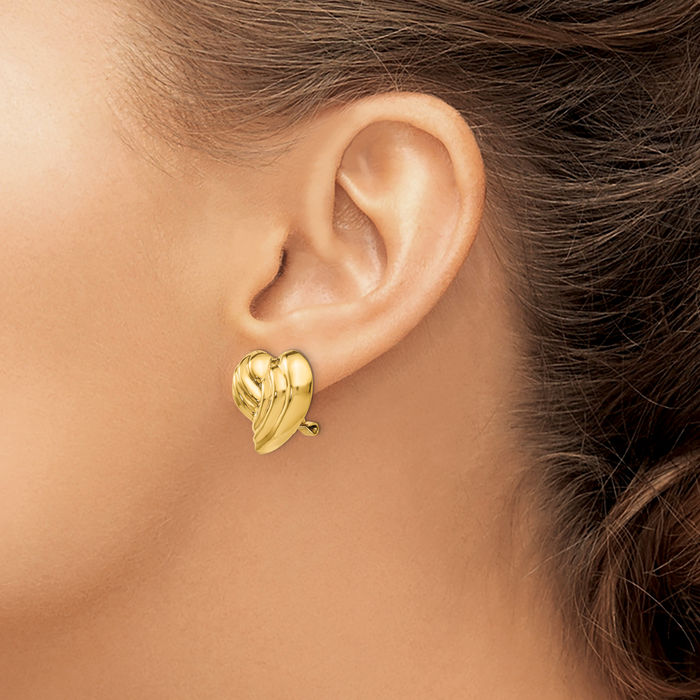 14K Solid Yellow Gold Non Pierced Clip On Heart Stud Earrings