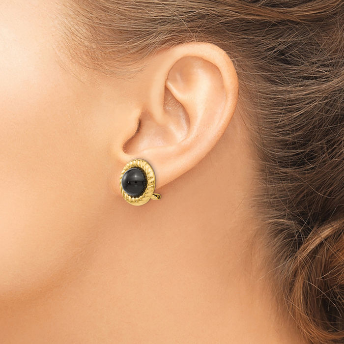 14K Solid Yellow Gold Omega Clip Non Pierced On Black Onyx Stud Earrings