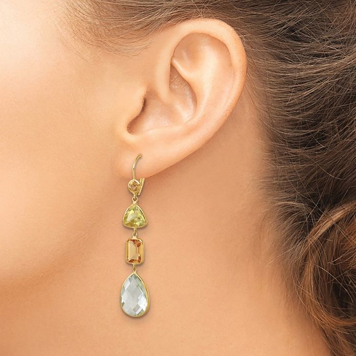 14K Solid Yellow Gold Orange Citrine Lemon Quartz Green Drop Dangle Earrings Gemstone