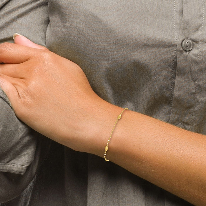 14K Solid Yellow Gold Oval Beads Chain Bracelet