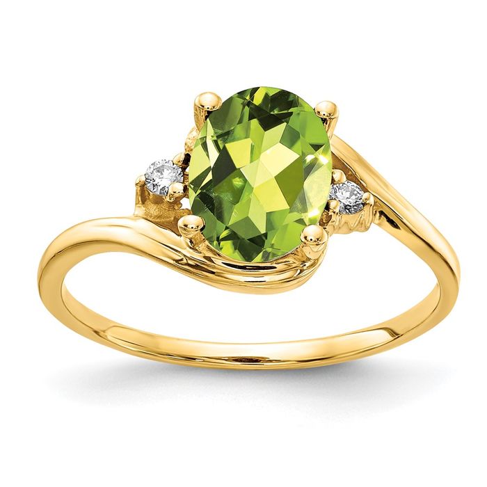 Bague péridot ovale en or vente jaune massif 14 carats et diamants