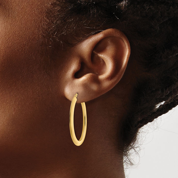 14K Solid Yellow Gold Oval Medium Hoop Earrings