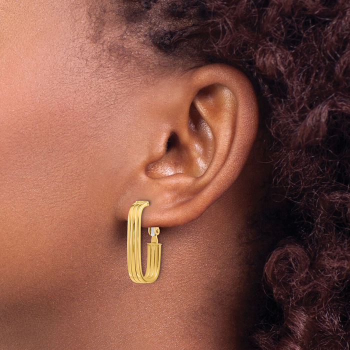 14K Solid Yellow Gold Oval Omega Clip Back Post Medium Hoop Earrings