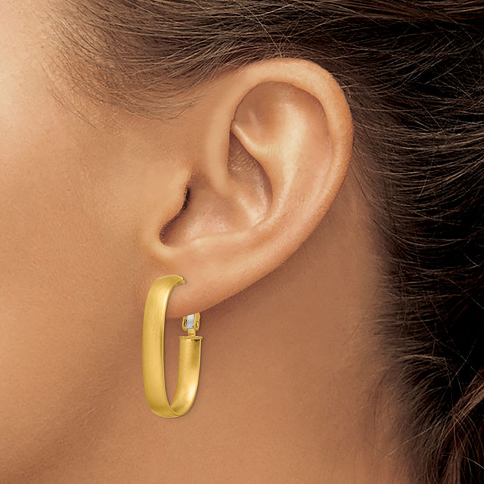 14K Solid Yellow Gold Oval Omega Clip Back Post Medium Hoop Earrings
