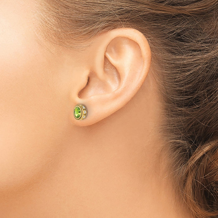 14K Solid Yellow Gold Oval Green Peridot Diamond Stud Earrings August Birthstone Jewelry