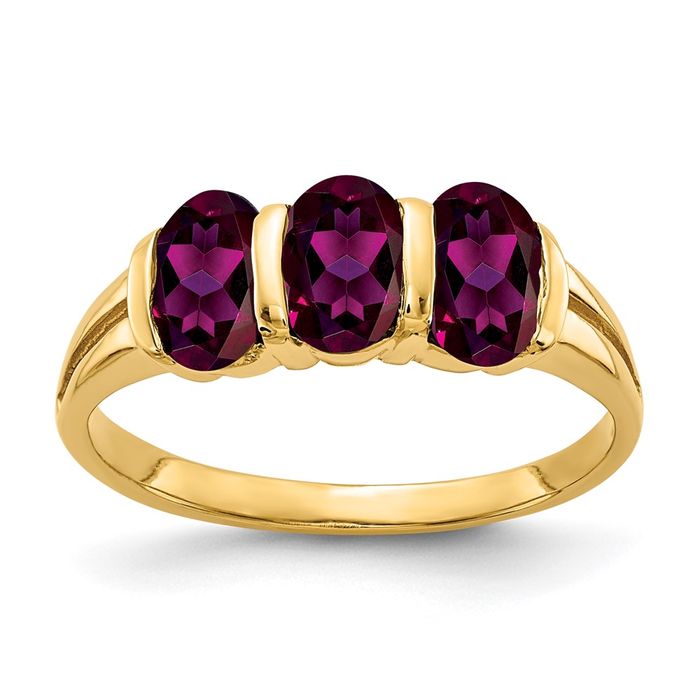 14K Solid Yellow Gold Oval Rhodolite Garnet 3-stone Ring - Picture 11 of 79