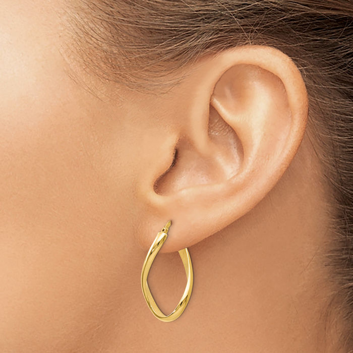 14K Solid Yellow Gold Oval Twisted Medium Hoop Earrings