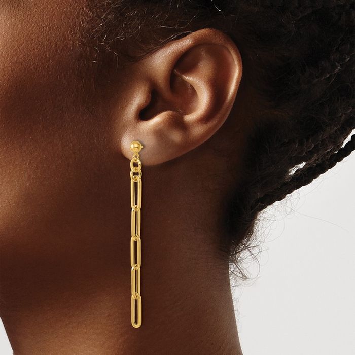 14K Solid Yellow Gold Paperclip Chain Link Post Drop Dangle Earrings