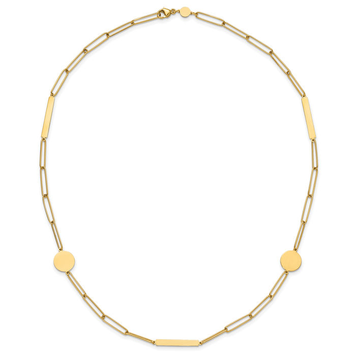 14K Solid Yellow Gold Paperclip Link Circle Round Bars Chain Necklace