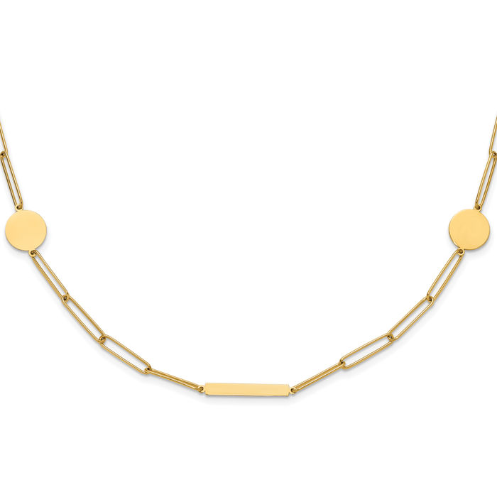 14K Solid Yellow Gold Paperclip Link Circle Round Bars Chain Necklace