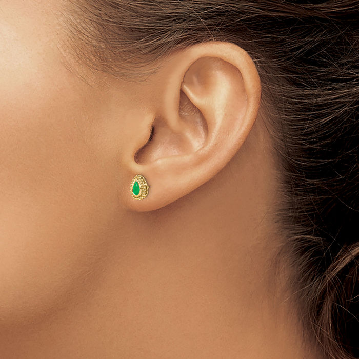 14K Solid Yellow Gold Green Emerald Studs Pear Teardrop Gemstone Earrings May Birthstone Jewelry