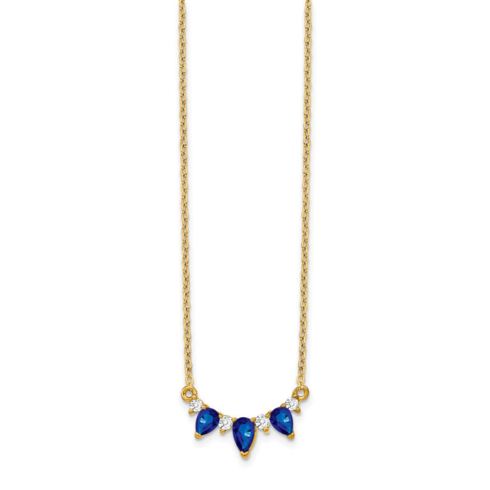 14K Solid Yellow Gold Pear Blue Sapphire Diamond Necklace Chain Gemstone Pendant Charm