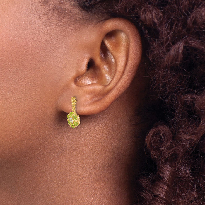 14K Solid Yellow Gold Green Peridot Diamond Drop Dangle Earrings Gemstone Post Push Back August Birthstone Jewelry