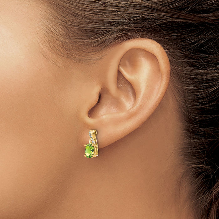 14K Solid Yellow Gold Green Peridot Diamond Drop Dangle Earrings Gemstone Post Push Back August Birthstone Jewelry