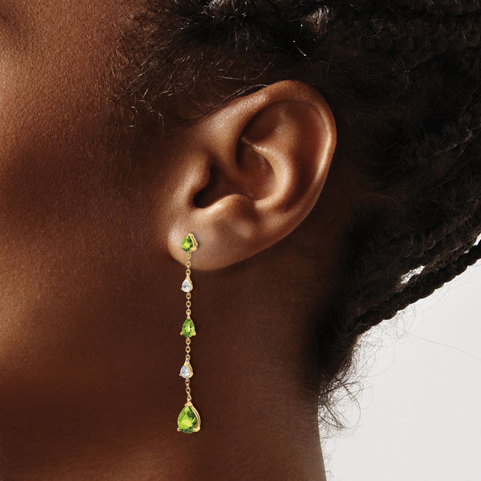 14K Solid Yellow Gold Green Peridot White Topaz Drop Dangle Earrings Pear Teardrop Gemstone