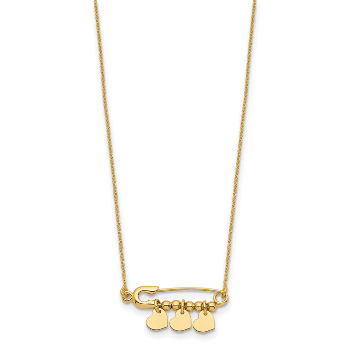 14K Solid Yellow Gold Pin Dangling Heart Chain Necklace