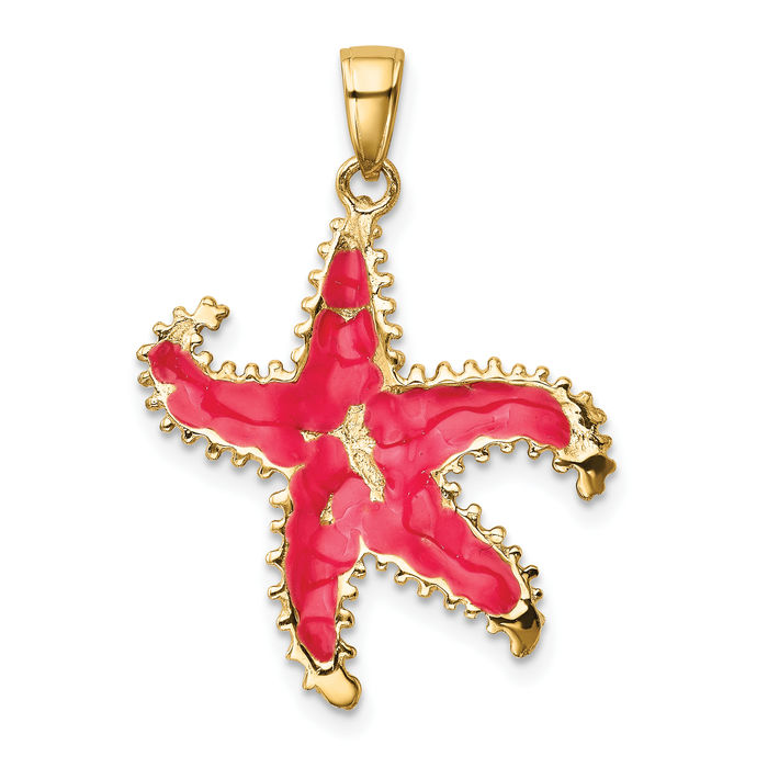 14K Solid Yellow Gold Pink Starfish Necklace Chain Pendant Charm