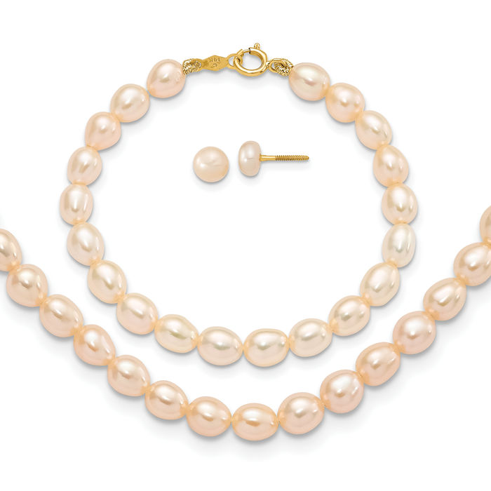 14K Solid Yellow Gold 3mm Round Pink Freshwater Cultured Pearl Necklace Bracelet Stud Earrings Set