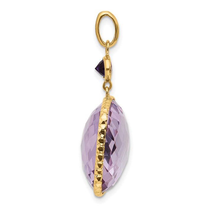 14K Solid Yellow Gold Pink Quartz Purple Amethyst Necklace Charm Gemstone Pendant