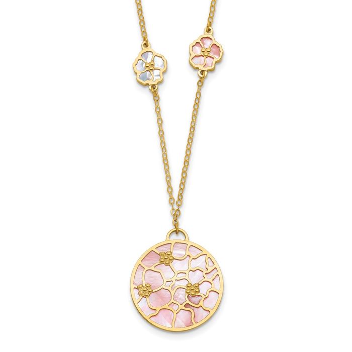 14K Solid Yellow Gold Pink White Mother of Pearl Flower Necklace Chain