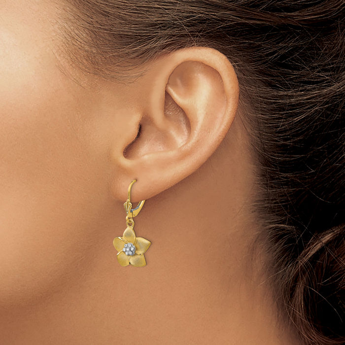 14K Solid Yellow Gold Hawaiian Plumeria Flower Drop Dangle Earrings
