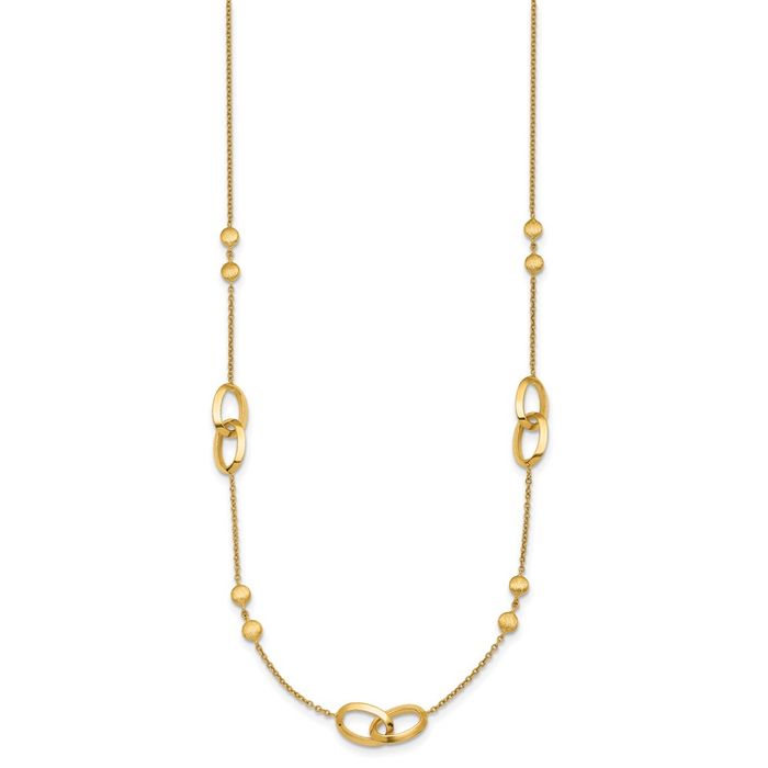 14K Solid Yellow Gold Round Circle Ovals Station Chain Necklace