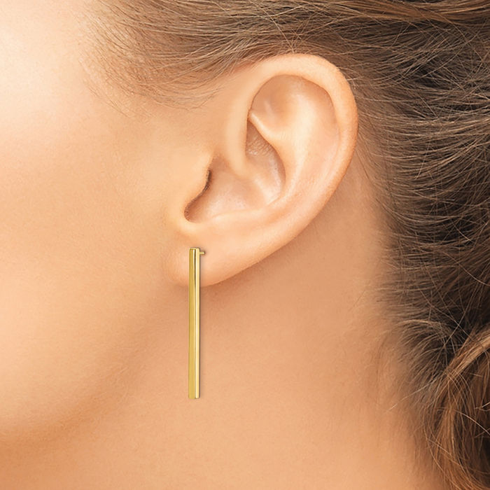 14K Solid Yellow Gold Post Bar Drop Dangle Line Stud Earrings