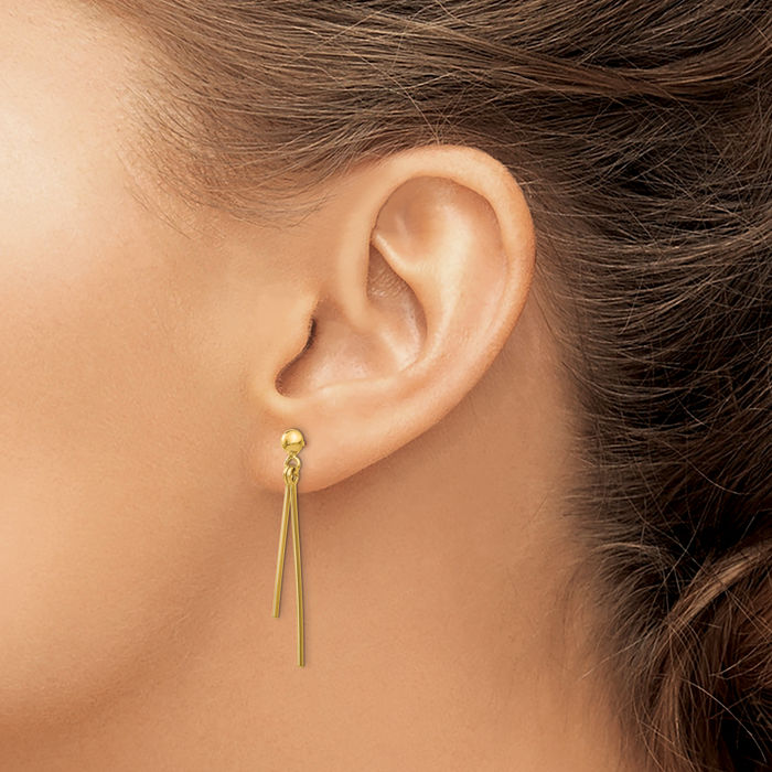 14K Solid Yellow Gold Post Line Bar Drop Dangle Earrings