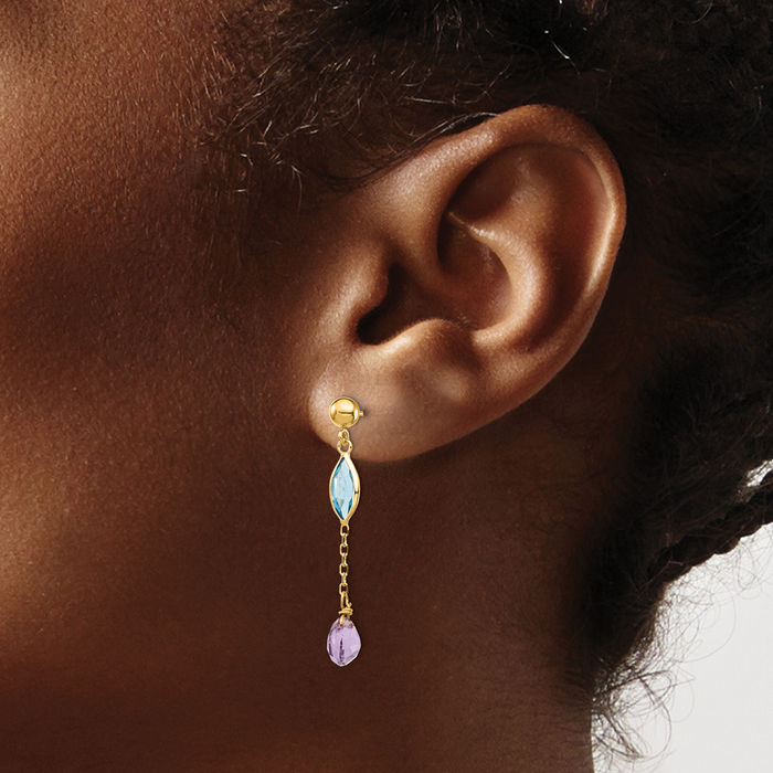 14K Solid Yellow Gold Purple Amethyst Swiss Blue Topaz Drop Dangle Earrings December Birthstone Jewelry