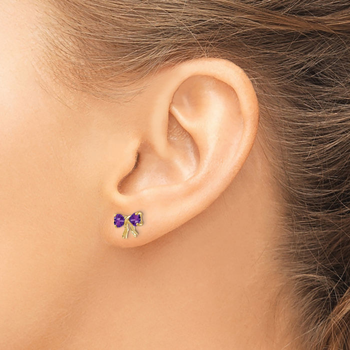 14K Solid Yellow Gold Purple Amethyst Bow Heart Stud Earrings February Birthstone Jewelry