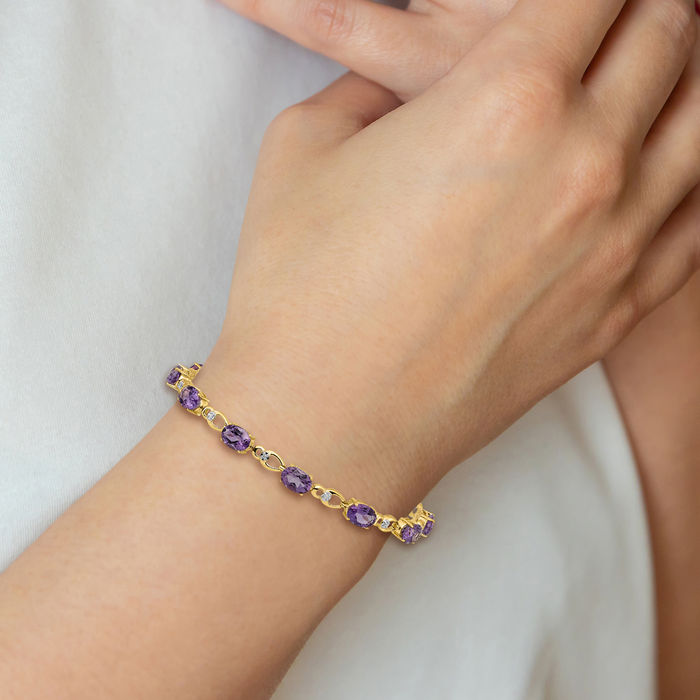 14K Solid Yellow Gold Purple Amethyst Diamond Chain Gemstone Tennis Bracelet