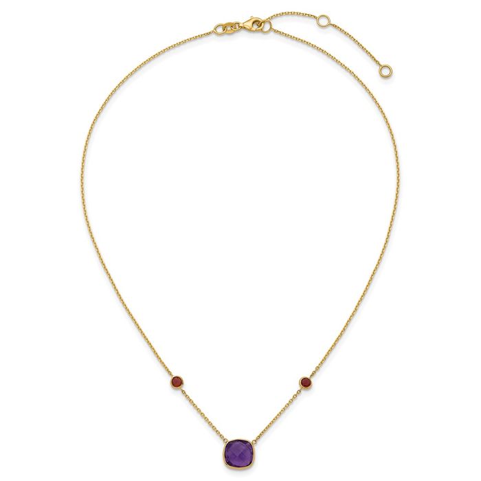 14K Solid Yellow Gold Purple Amethyst Red Garnet Necklace Chain Gemstone Pendant Charm