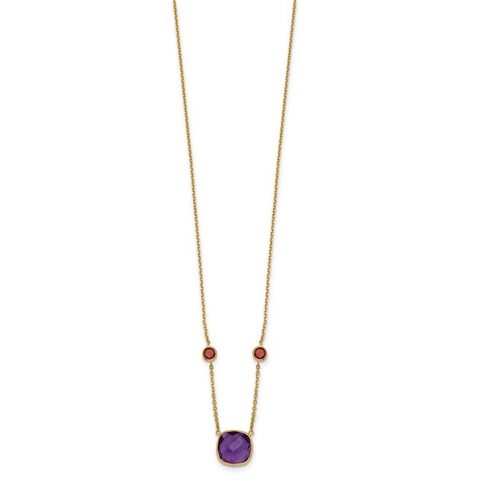 14K Solid Yellow Gold Purple Amethyst Red Garnet Necklace Chain Gemstone Pendant Charm