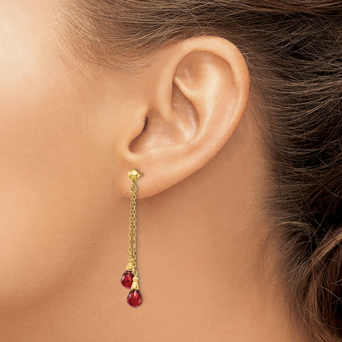 14K Solid Yellow Gold Red Garnet Drop Dangle Earrings